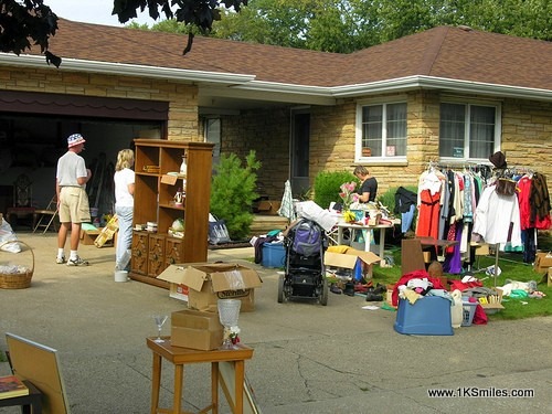 garage sale yard sale yellow brick house