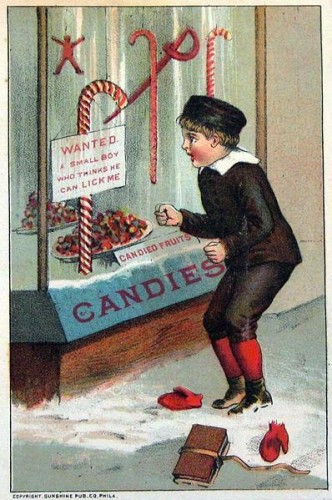 candy cane shop boy in snow